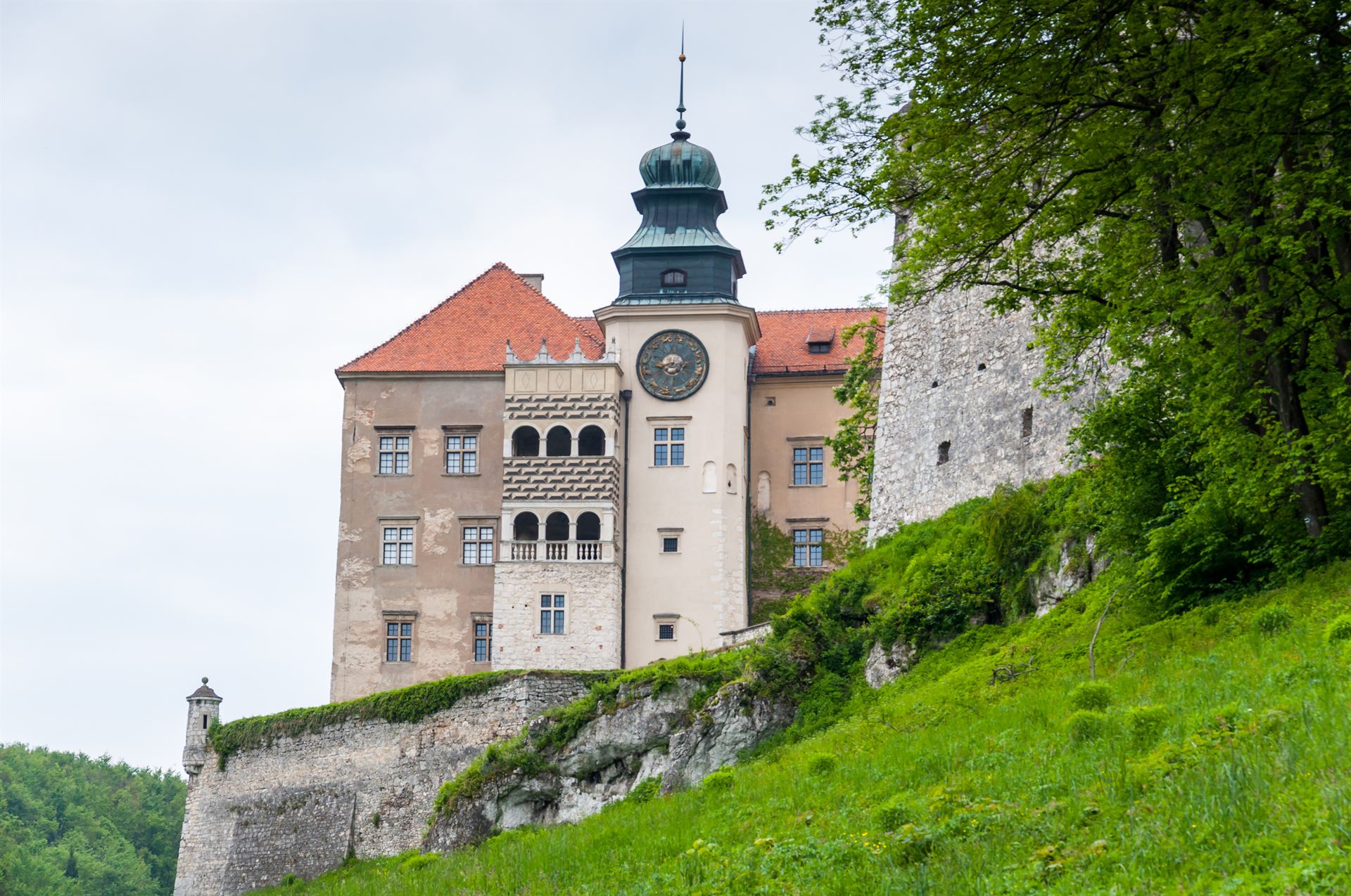 Zamek na wapiennej skale z czerwonym dachem, wieżą z zegarem i zielonym stokiem